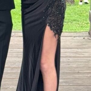 Black Strapless Long Prom Dress Slit Satin